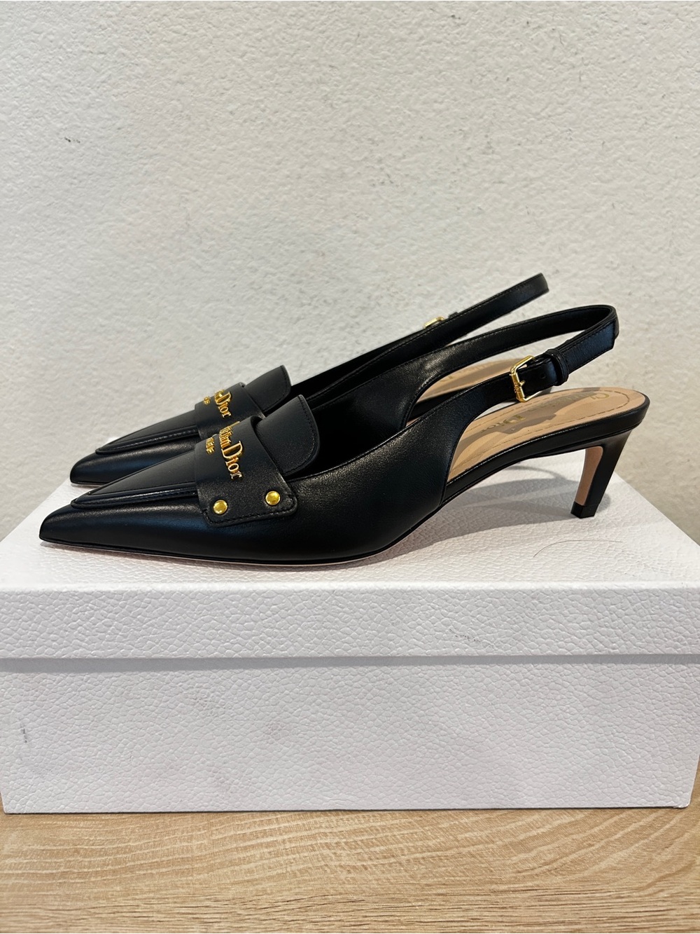 NIB DIOR Dior Boy Leather Slingback pumps w/gold-tone lettering, Size 38, $1300